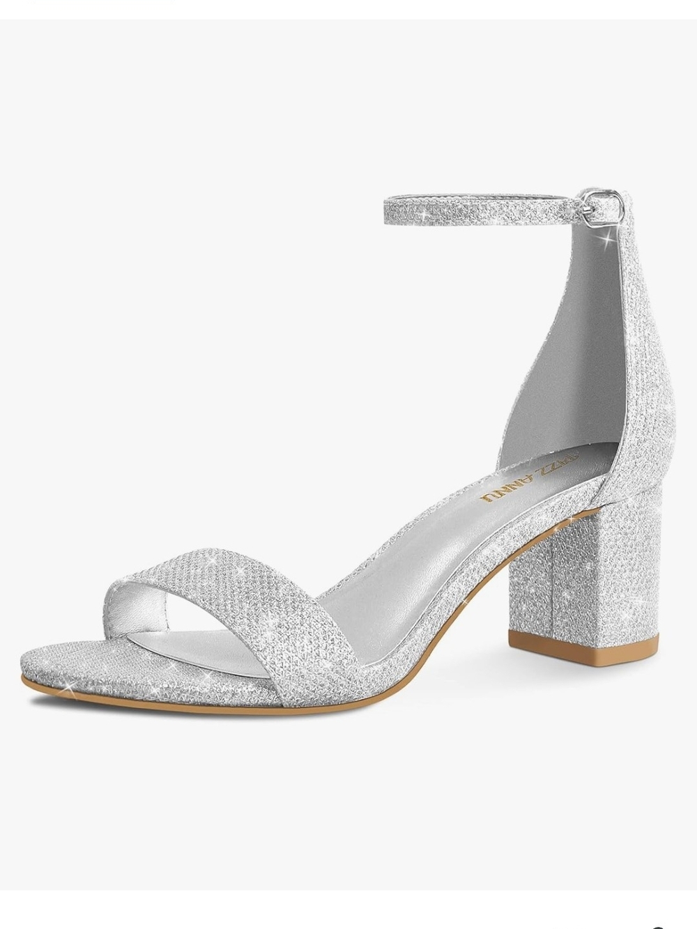 Silver Glitter Block Heel Sandal with Ankle Strap
